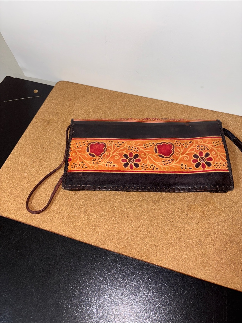 Handcrafted Floral Embossed Leather Wristlet Clutch in Black Tan 9.5x5.5” Boho